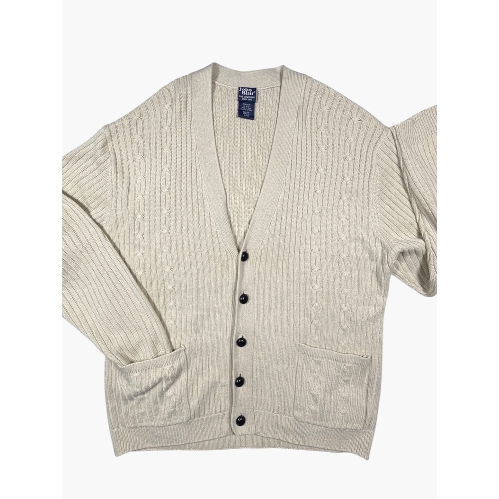 John Blair Mens Grandpa Cardigan XL Cream Cable Knit Button Sweater Pockets Acad